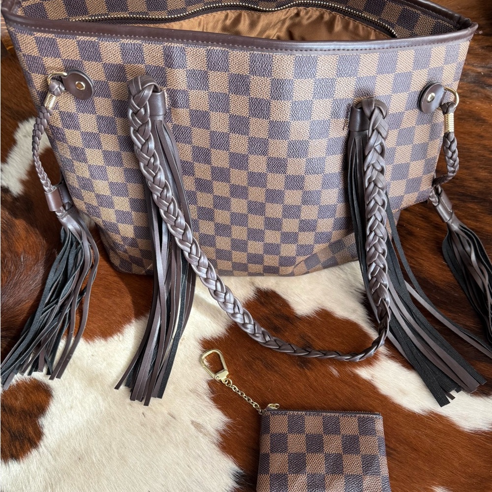 Brown Checkered Tote Bag with Tassels